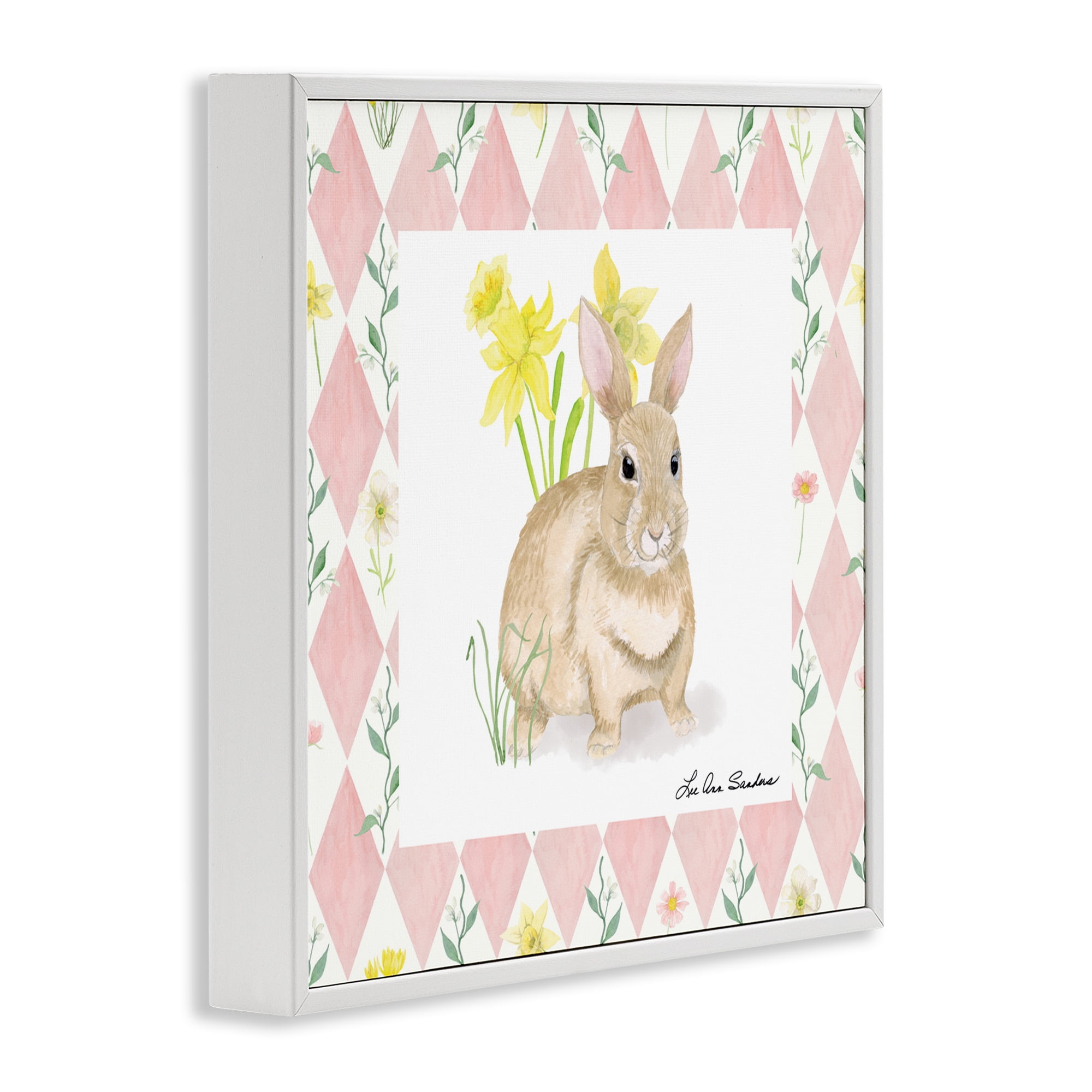 Bunny on Pink Argyle White Framed Giclee Art, design by Lee Ann Sanders