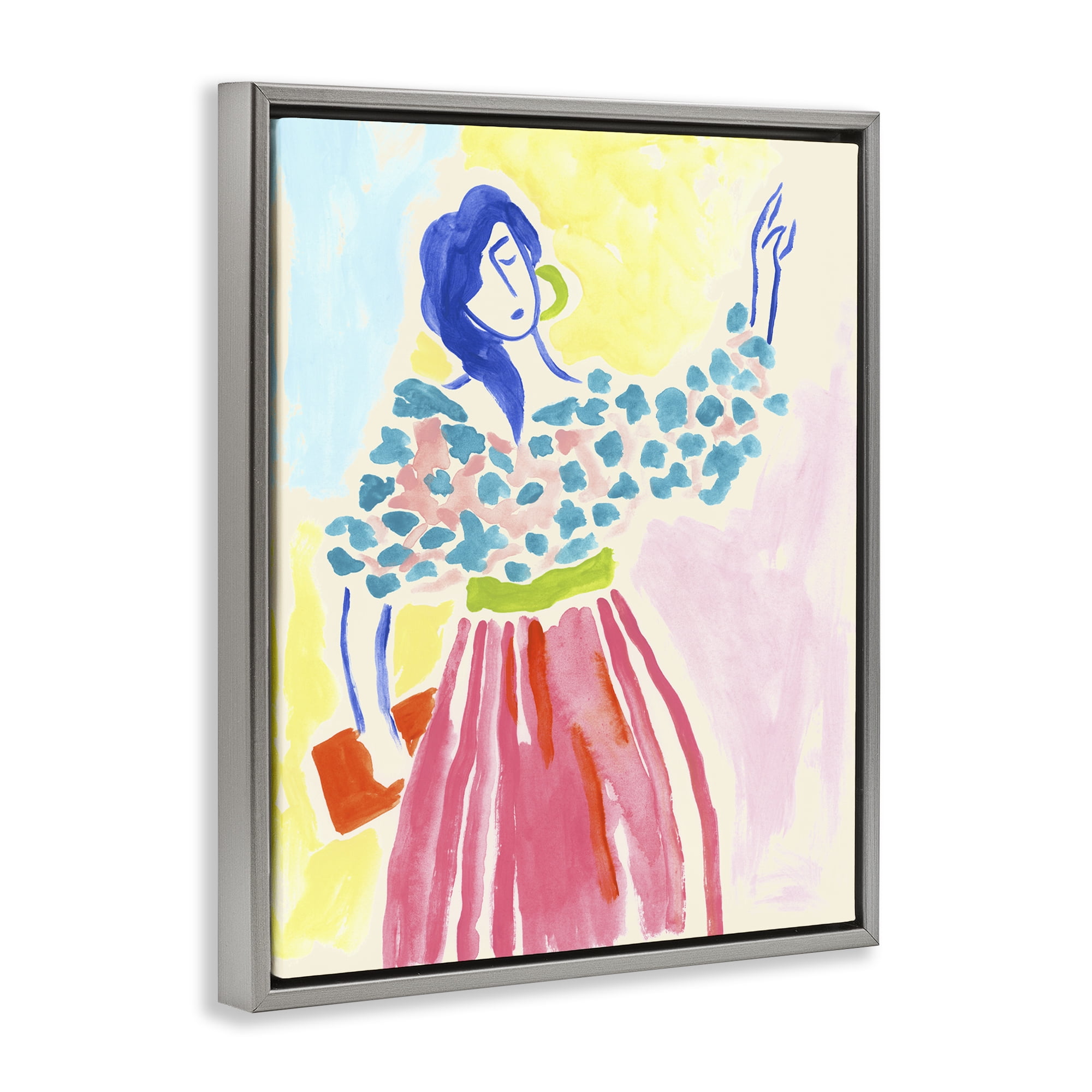 Stupell Industries Woman in Bold Dress People Painting Gray Floater Framed Canvas Art Print Wall Art, 25 x 31