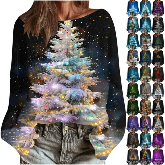 yoeyez Ugly Christmas Sweater Women Xmas Knit Pullover Sparkly Christmas Tree Shirts Dropped Long Sleeve Fall Crochet Sweater Tops Holiday Clothes