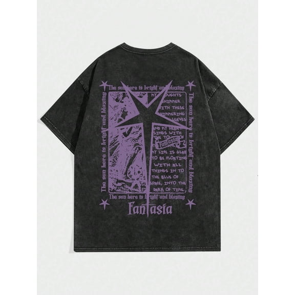 Purple Star Cross Graphic Print Vintage Oversized Washed High Street Grunge Y2K Short Sleeve Crewneck Cotton Unisex Men's Women's Tee Shirt