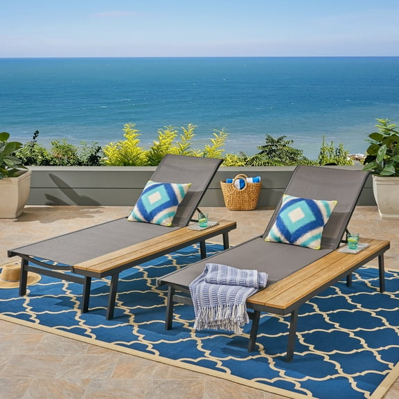 Killian Outdoor Mesh and Aluminum Chaise Lounge with Side Table, Set of 2, Gray