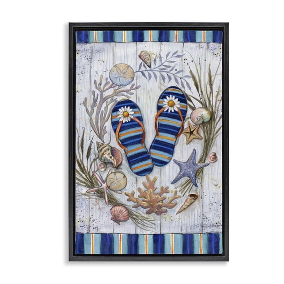 Stupell Industries Tropical Coastal Wreath & Flip Flops Black Floating Frame Canvas Art, 17 x 25, by Geoff Allen