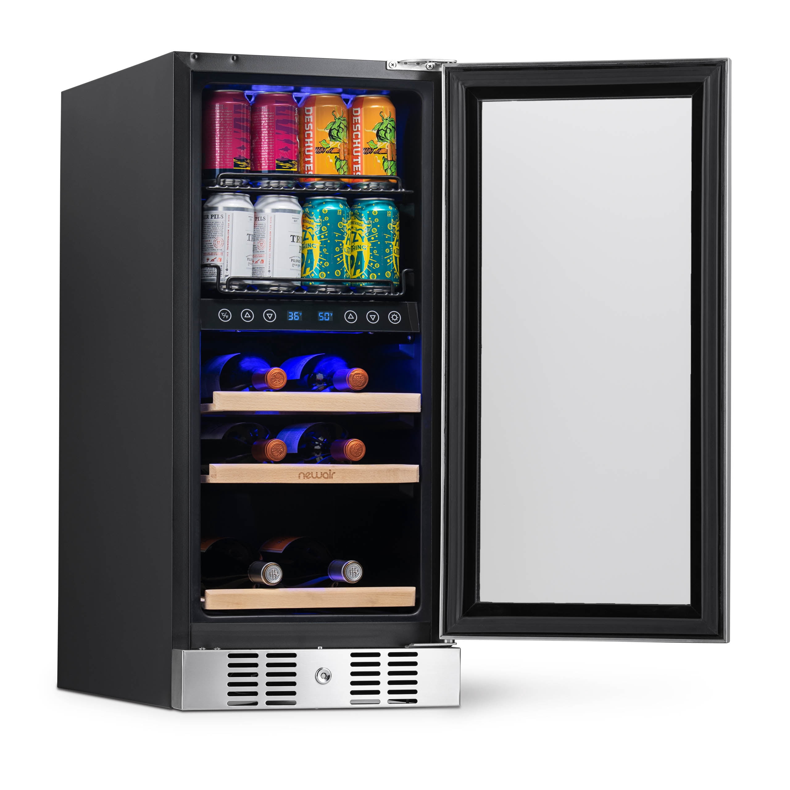 Newair 15” Dual Zone Beverage Cooler with Removable Beech Wood Shelves, Stainless Steel