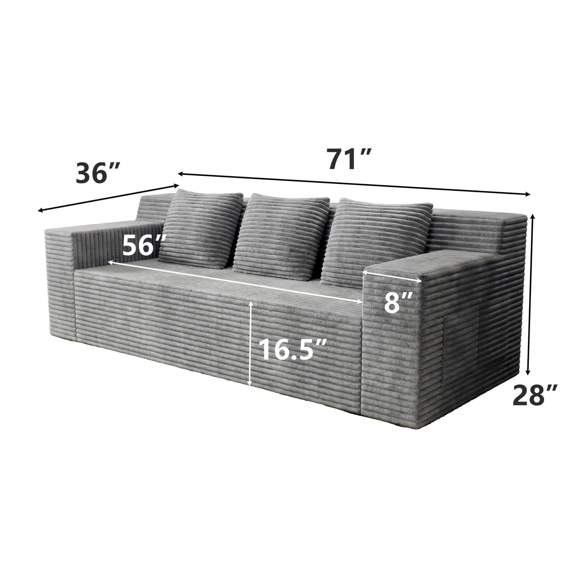 Aukfa 71" 3-Seater Modular Sofa, Corduroy Deep Seat Couch, No Assembly Comfy Sofa for Living Room, Bedroom, Apartment, Light Gray