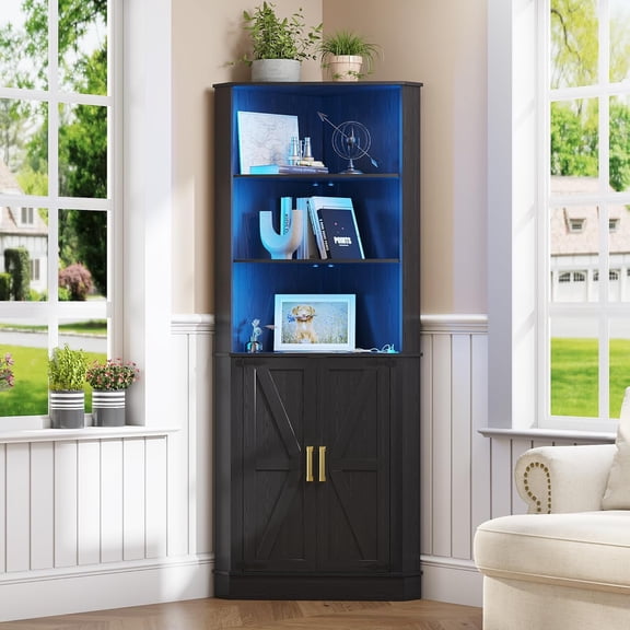 Farmhouse Corner Cabinet with LED Light, 67" Tall Bathroom Cabinet with 2 Doors and 3 Tier Shelves, Free Standing Corner Storage Cabinet for Living Room or Kitchen, Black