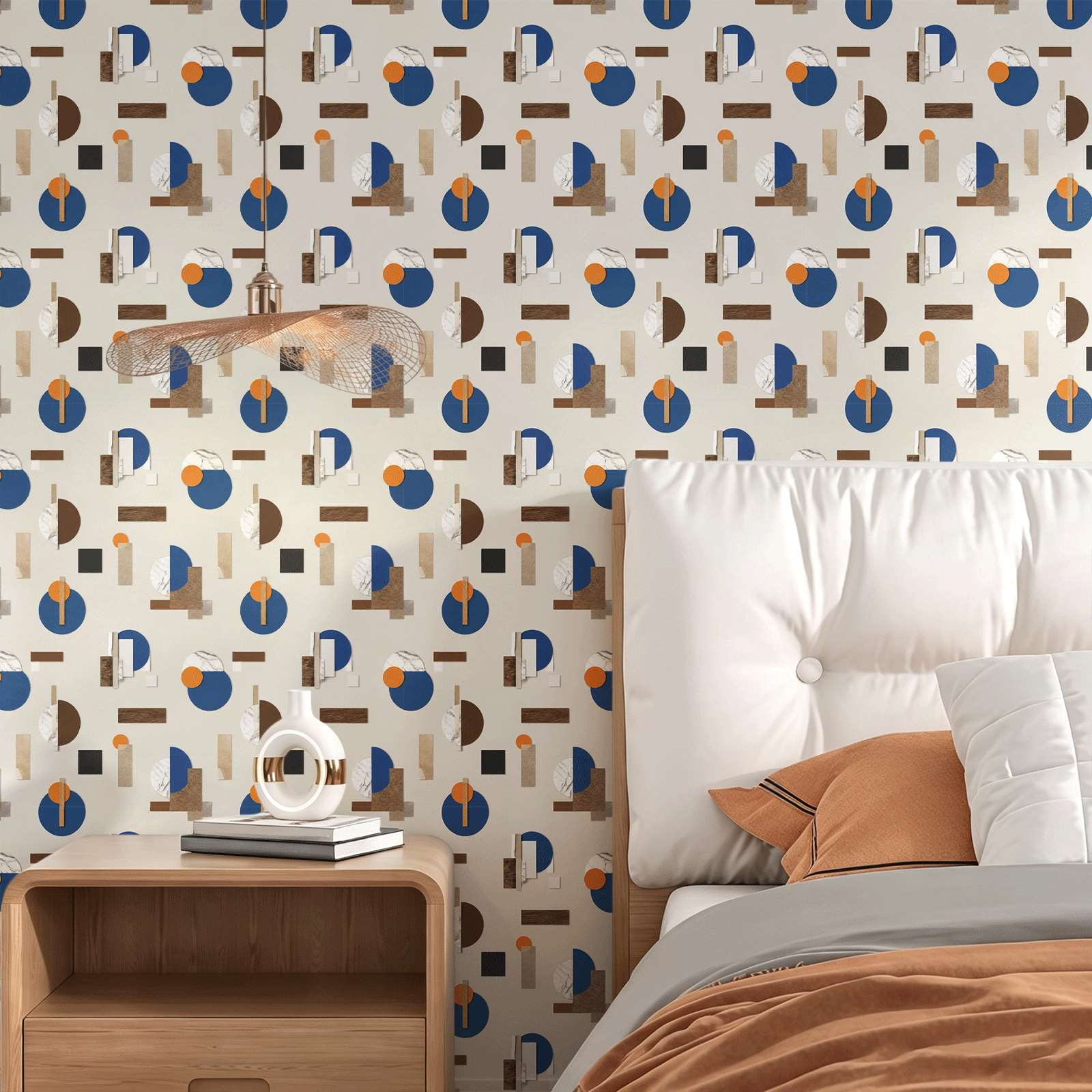Geometric abstract shapes wallpaper.modern minimalist style.suitable for interior walls or cabinets.blue orange wood marble texture.
