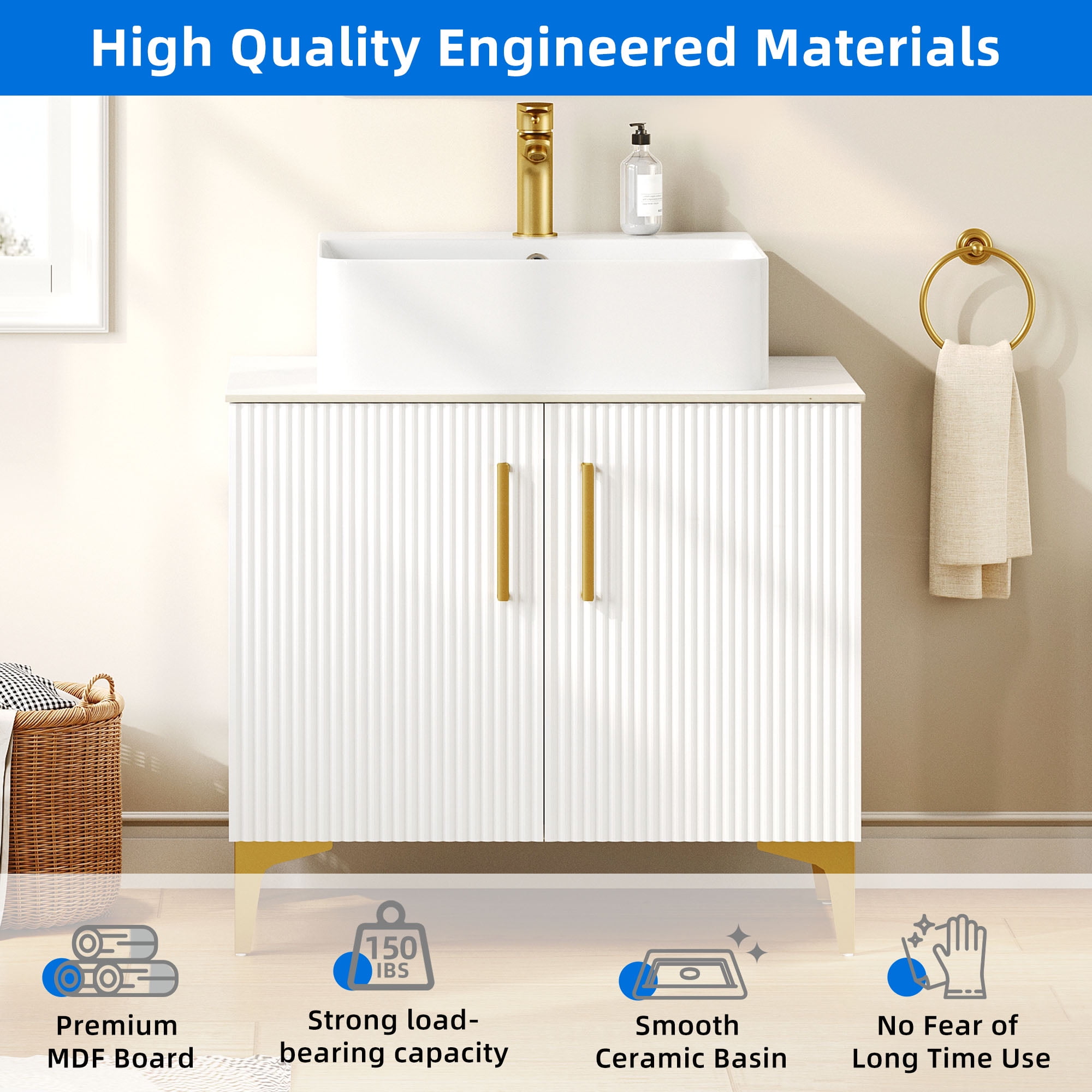 Uforic 30 Inch Bathroom Vanity with Countertop Sink Combo, Modern Bathroom Storage Cabinet with Drain, White and Gold