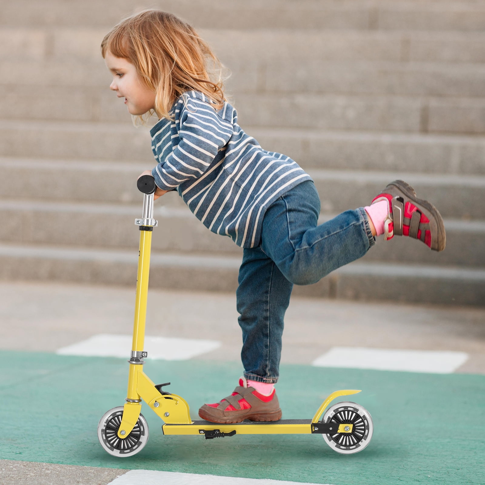 Scooter With 2 Wheels, for Kids Ages 6+, Kickstand Foot Support, Adjustable Height & Foldable, Yellow