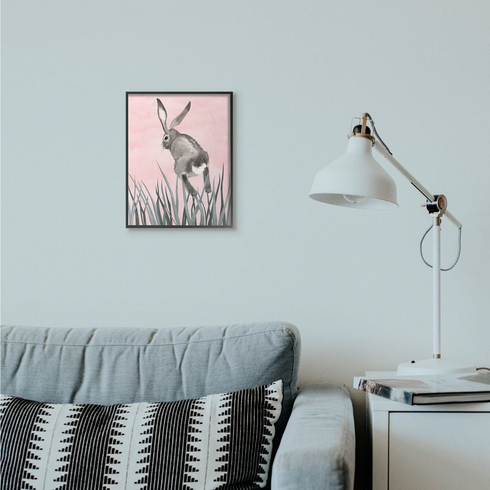 Stupell Industries Bunny Rabbit Jump Grass Pink Green Animal Painting Framed Wall Art by Ziwei Li