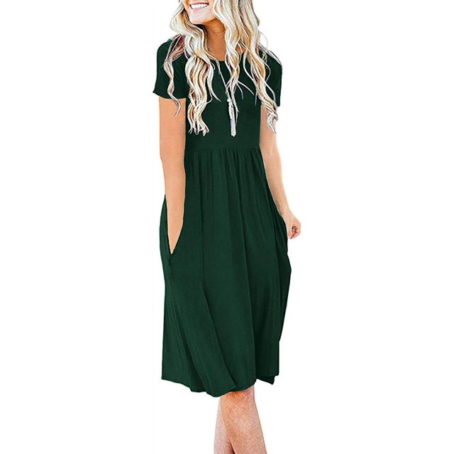 Vestido de manga corta casual de verano para mujer Vestido de cintura imperio con bolsillos Adepaton WRMH-940-7