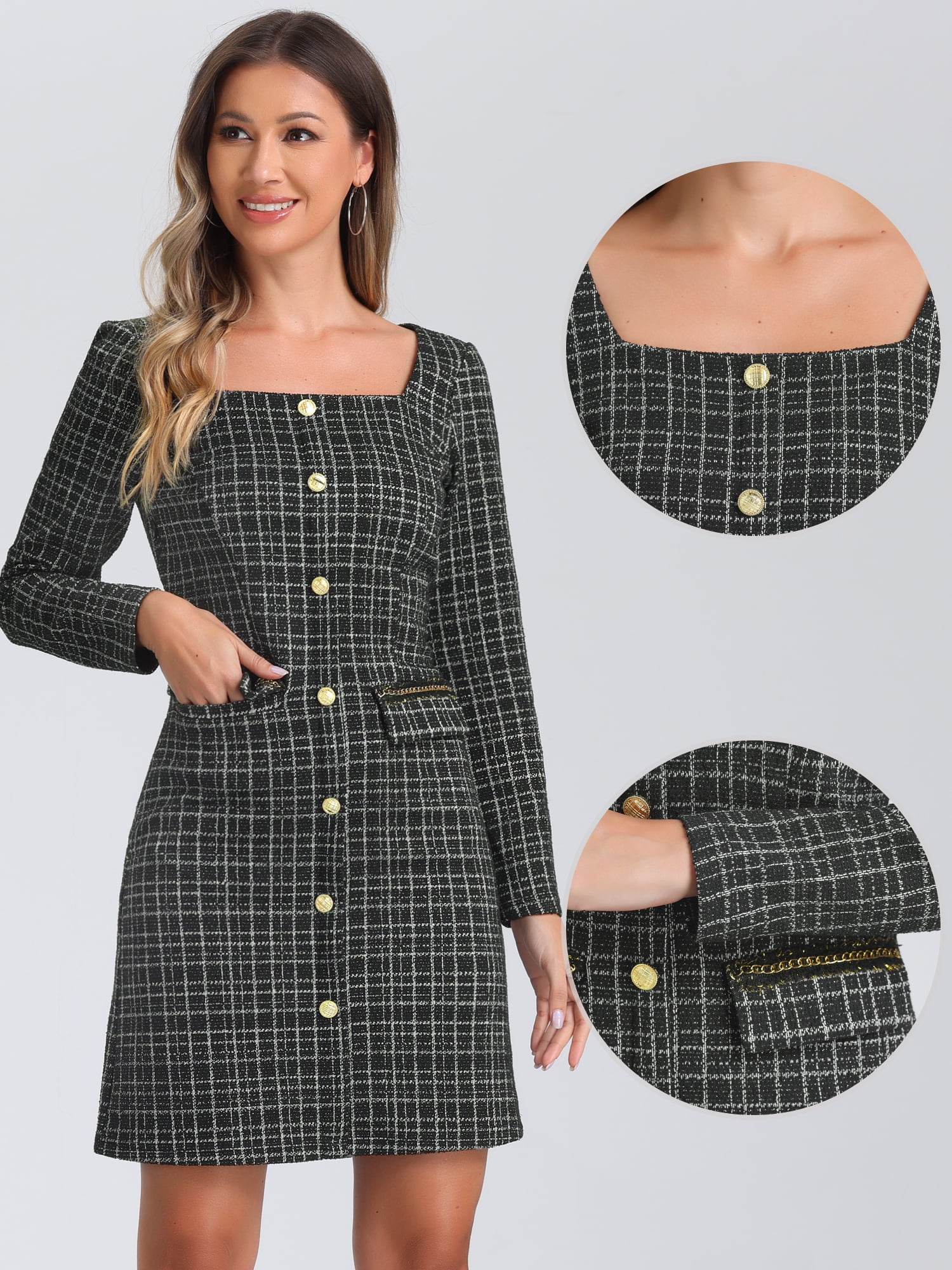 DARING DIVA Tweed Long Sleeves Square Neck Elegant Dress M Black