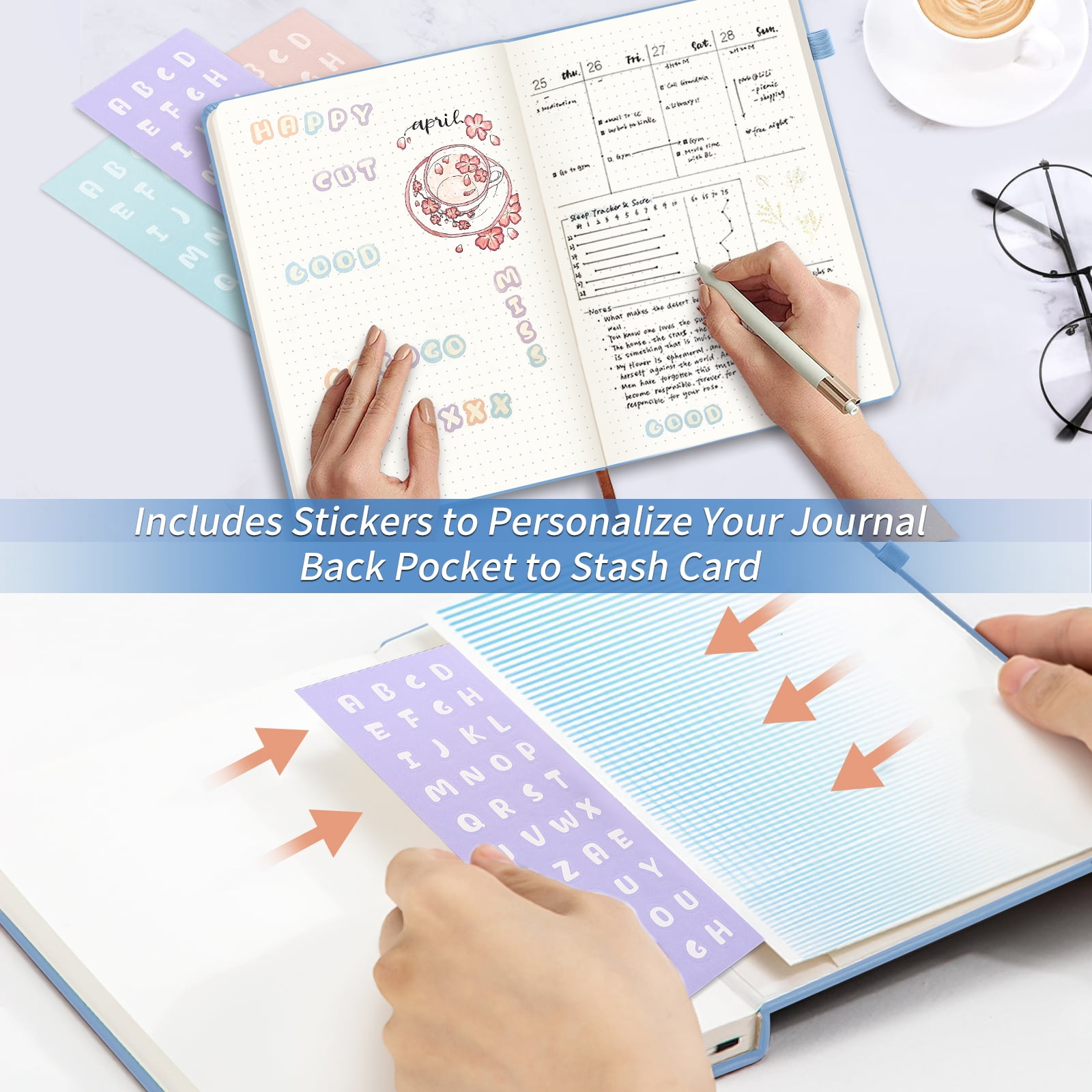 1Pack Small Journal Notebook,Hardcover Journals for Women Men,Dotted,Grid,Pen Loop, Stickers,A6,100 gsm Thick Paper,160 Pages,3.6in x 5.6in