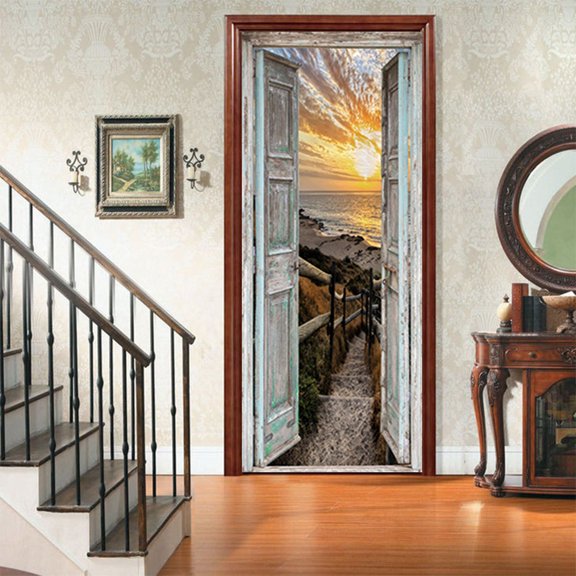 3D Door Stickers Peel and Stick Wall Pictures Mountains beach sunset Door Wall Stickers Self Adhesive Removable Waterproof PVC Door Pictures Posters for Bedroom Living Room Door