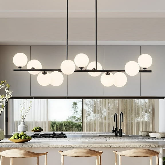 Uznhty Chandeliers for Dining Room Light Fixture with White Glass Globe,11-Lights Linear Chandelier 51 Inch Sputnik Chandelier for Kitchen Island Black Adjustable Hanging