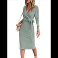 thumbnail image 2 of Vestido de Suéter de Larga para Mujer, Vestido Ajustado con Abertura Lateral, Otoño, Midi, , Escote en V Profundo, Ajustado, Verde M, 2 of 8