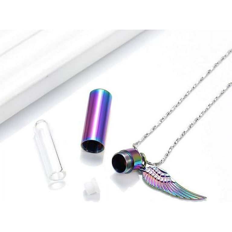 Cylinder Capsule Secret Message Vial Cremation Ash Urn Necklace in  Stainless Steel Stash Locket Wing and Crystal Dangle Necklace