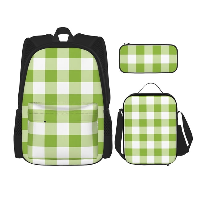 Disketp White Green Plaid Mochila Estampada de Gran Capacidad con Lonchera y Estuche, Set de 3 Piezas para Estudiantes