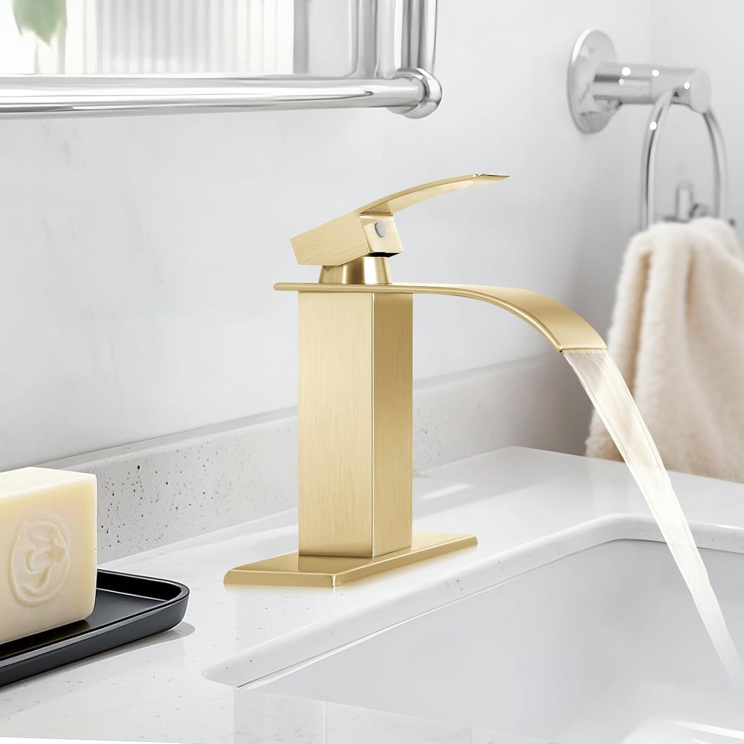 Brushed Gold Bathroom Faucets, Waterfall Bathroom Sink Faucet Modern Single Handle Bathroom Faucte 1 or 3 Hole, RV Mixer Tap Vanity Faucet - Includes Pop-up Drain Supply Hoses Deck Plate