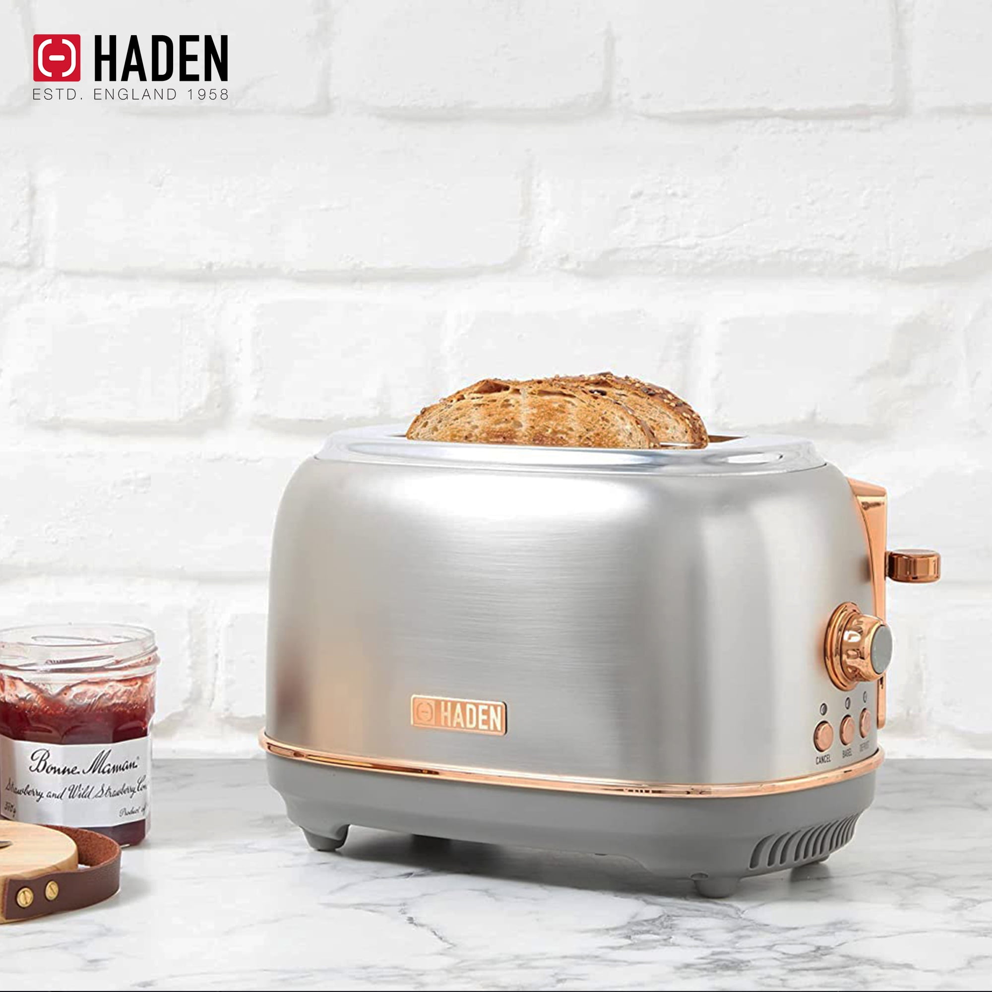 Open Box Haden 2 Slice Wide Slot Toaster w/Removable Crumb Tray, Steel/Copper