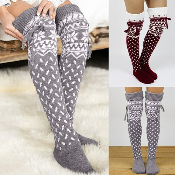 Womens Socks Christmas Winter Warm Fluffy Knit Knee High Socks Funny Xmas Gift Holiday Cozy Soft Long Women's Socks Grey One Size