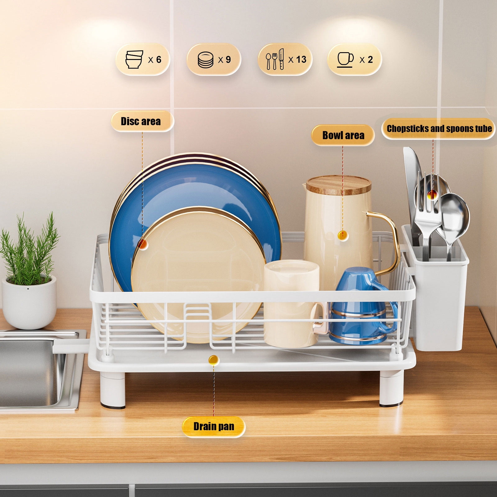 Bxaolu Small Dish Drying Rack, Compact Dish Rack for Kitchen Counter, Stainless Steel Dish Drainer, Space Saving Plate Rack, Dish Strainer with Cutlery Holder(Black, 11" Wx 14.9L" x 5"H)