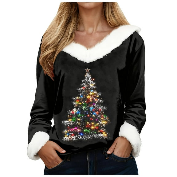 zaveiop Christmas Sweaters for Women Funny Xmas Tree Print Fur V Neck Xmas Graphic Long Sleeve Holiday Pullover Tops (White, S)