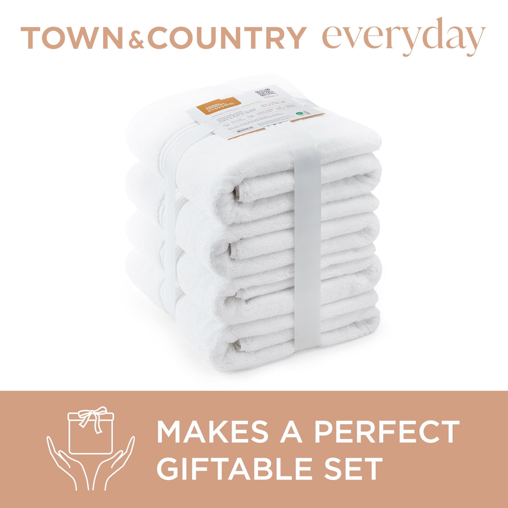 TOWN & COUNTRY EVERYDAY 4-Piece Solid Dobby Border Bath Towel Set, 30"x58", 100% Cotton, Plush & Absorbent 650GSM, White