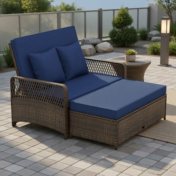 Topcobe Patio Adjustable Wicker Daybed with 4-Level Backrest and Soft Cushions, Outdoor Patio Furniture for Garden Backyard Pool Deck-Navy