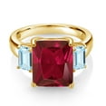 thumbnail image 2 of Gem Stone King 6.70 Ct Red Created Ruby Sky Blue Aquamarine 18K Yellow Gold Plated Silver 3-Stone Ring (Size 8), 2 of 3
