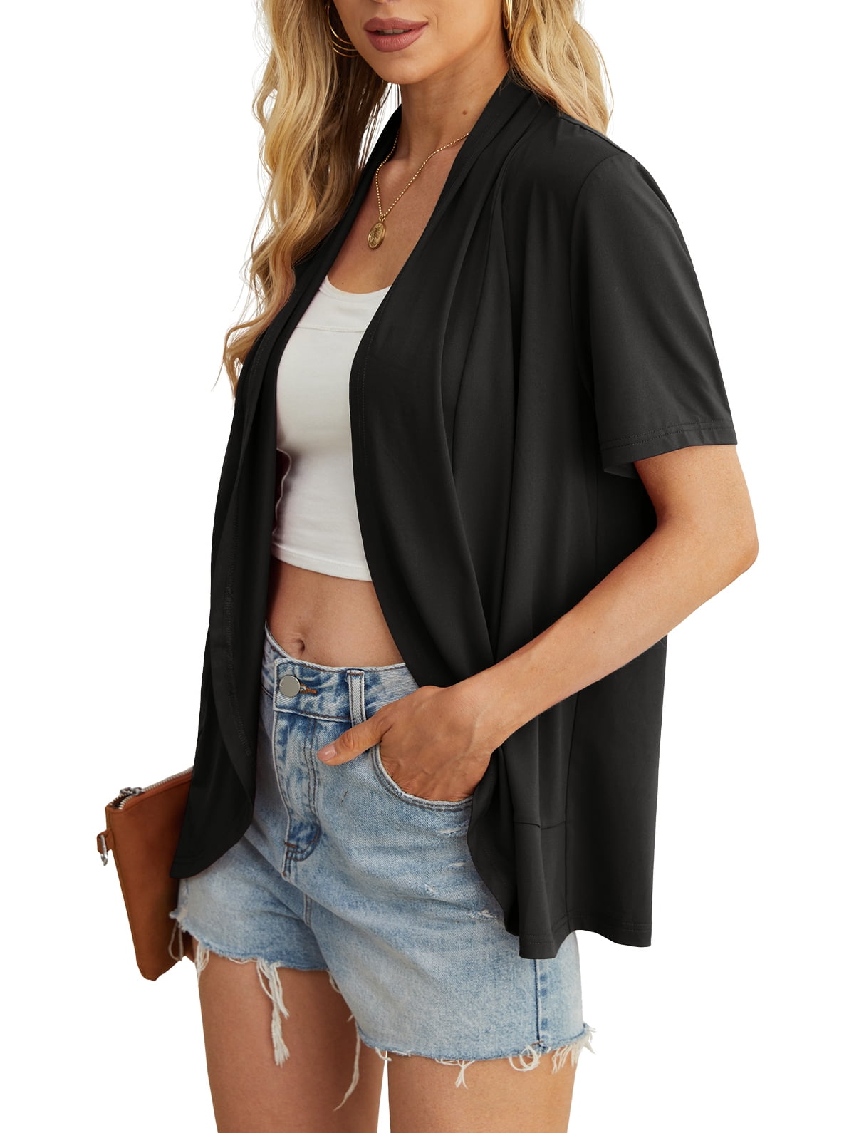 Women's Summer Cardigans Lightweight Open Front Draped Ruffles Hem Short sleeved thin cardigan with curved edges, elegant, casual, lightweight cardigan Black-L - image 3