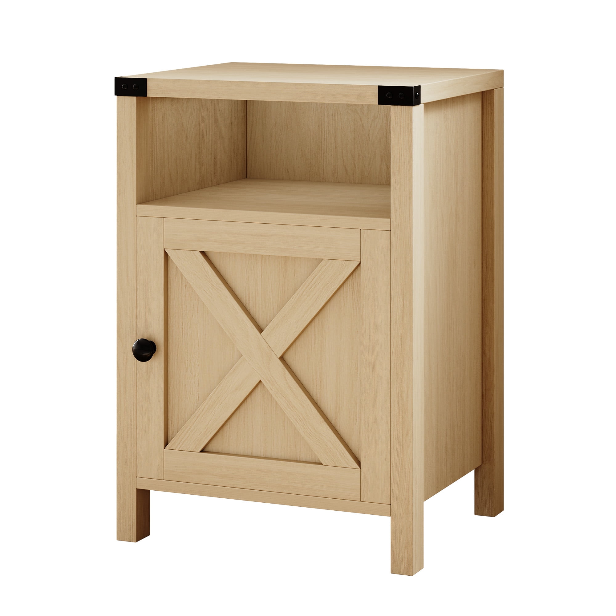 4 EVER WINNER Minimalist Barn Door Side Table, Light Oak Storage End Table, Compact Accent Table for Balcony & Kids’ Room