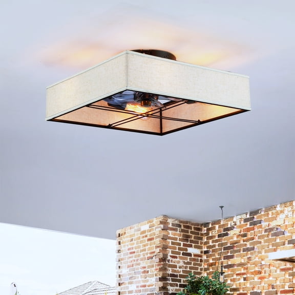 16.6" Square Fabric Farmhouse Flush Mount Ceiling Fan ,Reversible Motor, DC Remote Control,7 PCS PC Blades,6 Speed Ceiling Fan,Timing, for Bedroom Kitchen Living Room--NOT Included Bulbs