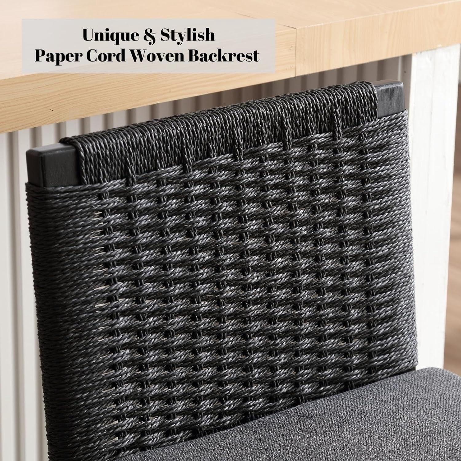 Guyou Woven Counter Height Bar Stools Set of 2, 29" Natural Wood Bar stools with Seagrass Back for Kitchen Island, Farmhouse & Coastal, Charcoal