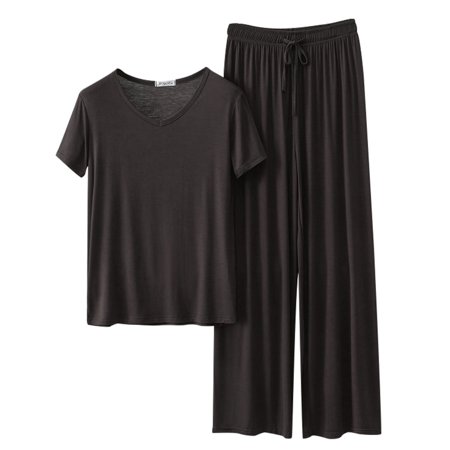 UJNDER Women Homewear Solid Color Loose Pajamas Short Sleeve T Shirt Drawstring Wide Leg Pants Sleepwear Two Piece Set Pant Suits for Women Coffee XL