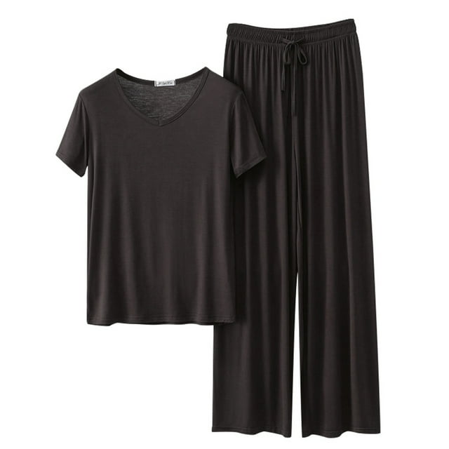 Women Homewear Solid Color Loose Pajamas Short Sleeve T Shirt Drawstring Wide Leg Pants Sleepwear 2 Piece Set