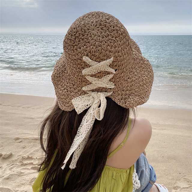 LinYooLi Sun -Sunshing Straw Hat Female Lace Bow Hollow Hook Hats Summer Sun Hats Are Fashionable And Foldable Pots