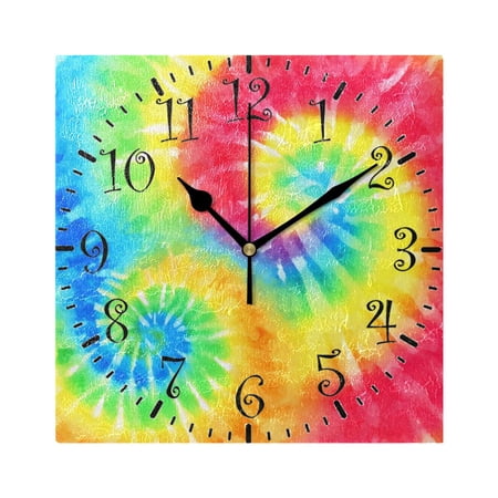 7.78in Square Artistic Wall Clock Dual-Purpose Tabletop & Hanging Decor Silent Non-Ticking Clocks for Home Office tie-dyed Colorful Spiral Pattern
