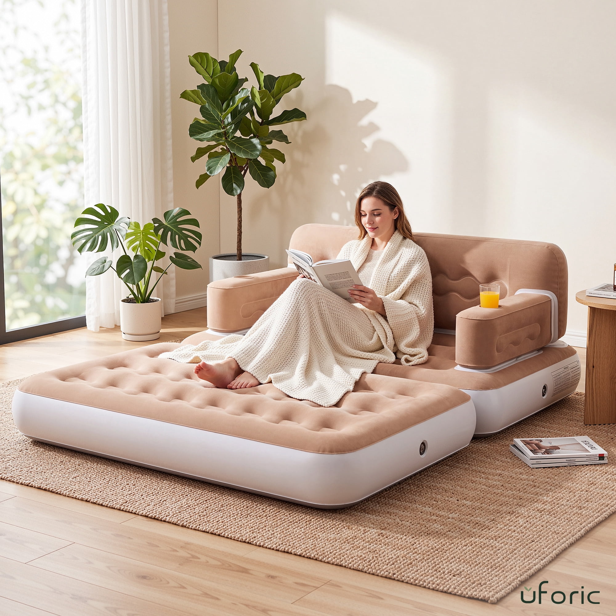 Uforic Queen Size 2-in-1 Convertible Air Sofa Bed with Wave Headboard, Pump, Cup Holders & Storage Pocket for Guest Camping, Khaki