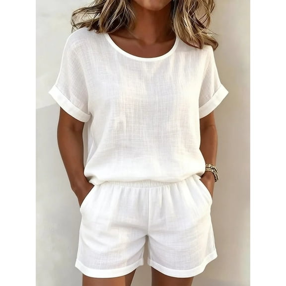 Cagogo Women Plus Size 2 Piece Shorts Set Casual Summer Cruise Outfits Round Neck Short Sleeve Tshirt Pocket Elastic Waisted Shorts Matching Lounge Tracksuits Travel Airport Clothes, White S