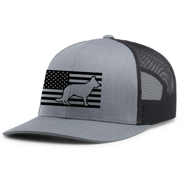 Heritage Pride Canine Collection German Shepherd American Flag Embroidered Mesh Back Trucker Hat, Heather Grey/Black