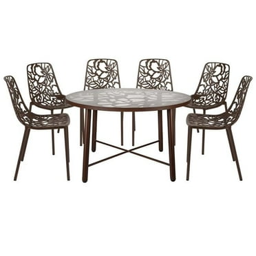 28.35 x 47.25 x 47.25 in. Devon Mid-Century Modern 7 Piece Aluminum Outdoor Patio Dining Set with Tempered Glass Top Table & 6 Stackable Flower Design Chair, Brown