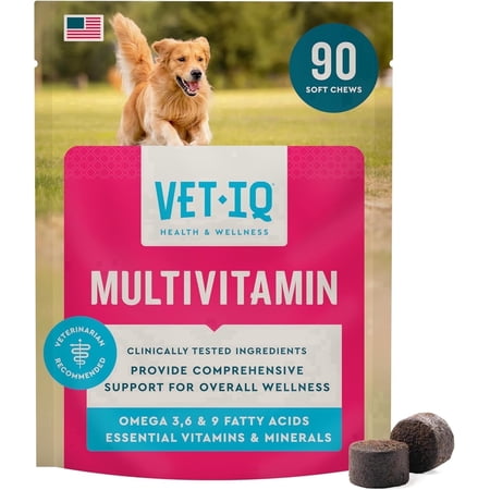 VetIQ Multivitamin Supplement for Dogs, Supports Active Brain Function, Immune System, and Digestive System, Hickory Smoke Flavored Dog Multivitamin, Made in the USA, 90 Count