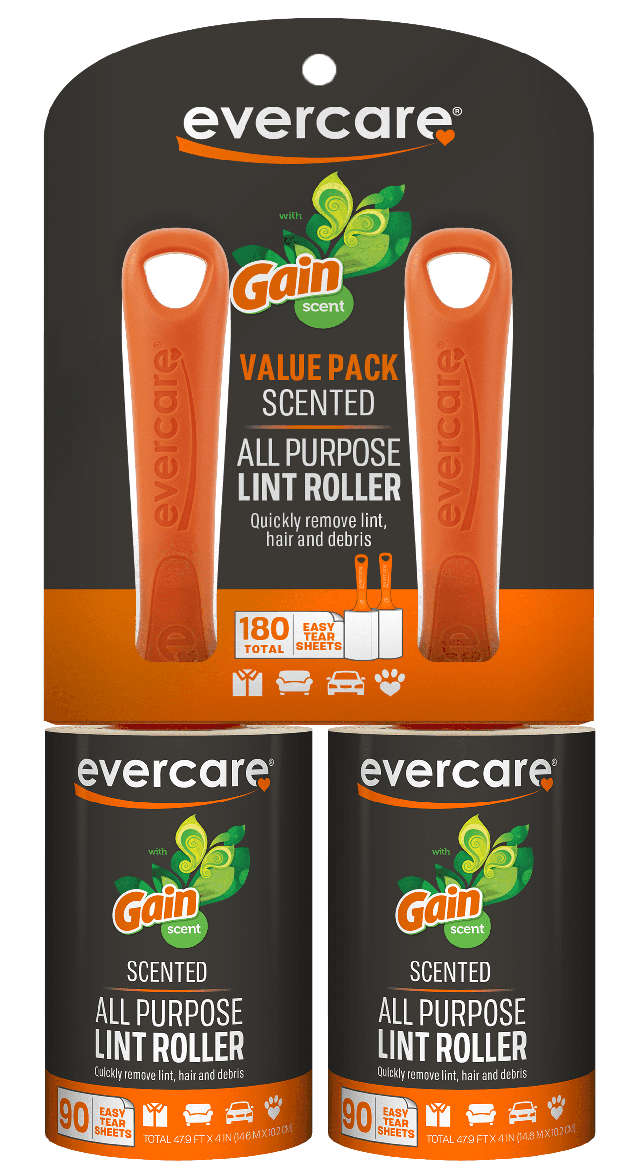 (2 pack) Evercare Gain Scented Lint Roller Twin Pack, 90 Sheets Per Roll, 180 Total Sheets, Ergonomic Handle