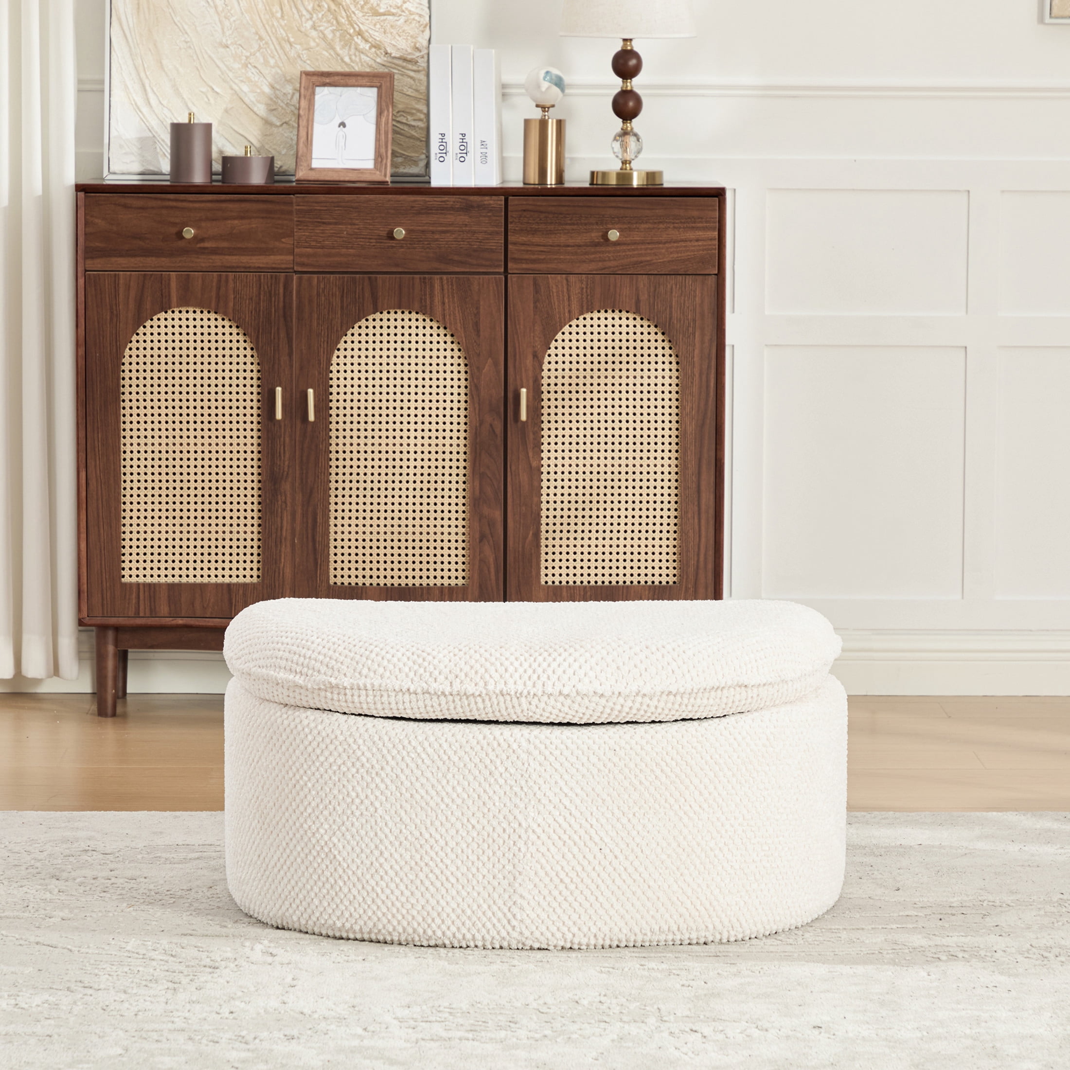 GDF Studio 34.45-Inch Moon-Shaped Footstool Ottoman with Pineapple Lattice Fabric, Beige