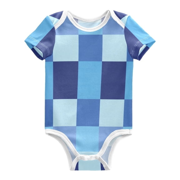 Blue Checkerboard Pixel Art Pure Cotton Bodysuit Short Sleeve Pajamas One-Piece Romper Unisex 3 Months