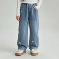 thumbnail image 2 of WAVSUF Wide Leg Jeans for Girls Elastic Waist with Pockets Loose Fit Winter Trendy Denim Pants Blue 2T, 2 of 7