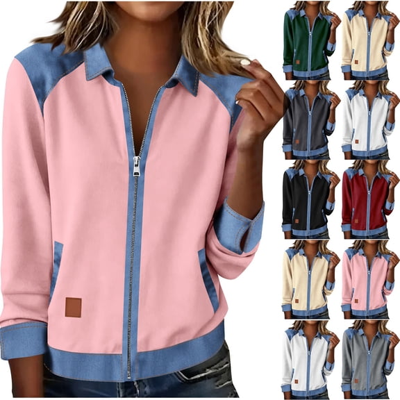 Miluxas Oversized Denim Jacket for Women's Casual Long Sleeve Mock Neck Full Zipper Color Block Denim Coats White XL(XL)