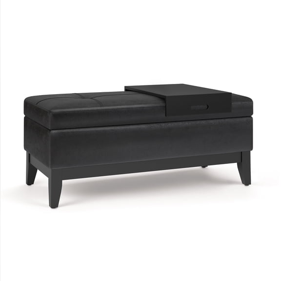Storage Ottoman Bench - Rectangular Coffee Table with Lift Top & Tray - Distressed Black Vegan Leather
