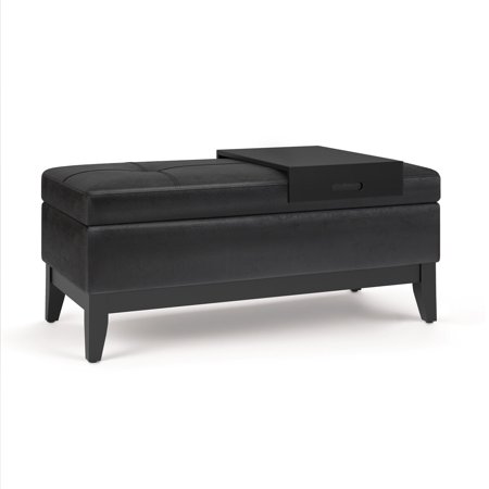 Storage Ottoman Bench - Rectangular Coffee Table with Lift Top & Tray - Distressed Black Vegan Leather