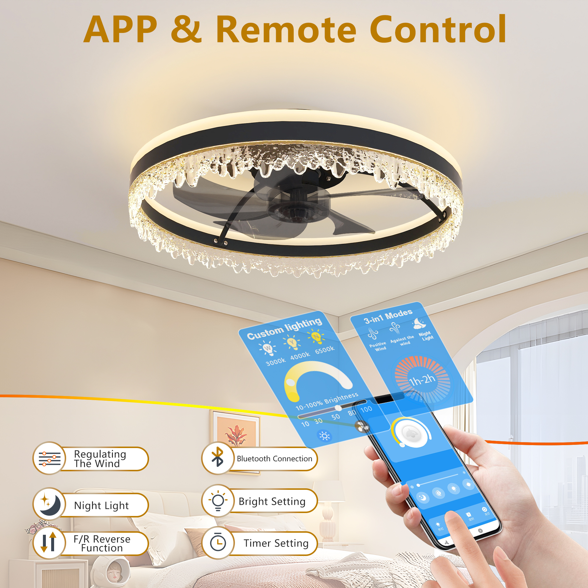 Leumius Modern LED Ceiling Fan with Light, 20In Dimmable Ceiling Light with Invisible Blades and Crystal Design, Remote Control & Adjustable Color Temperature for Bedroom, Living Room,Black